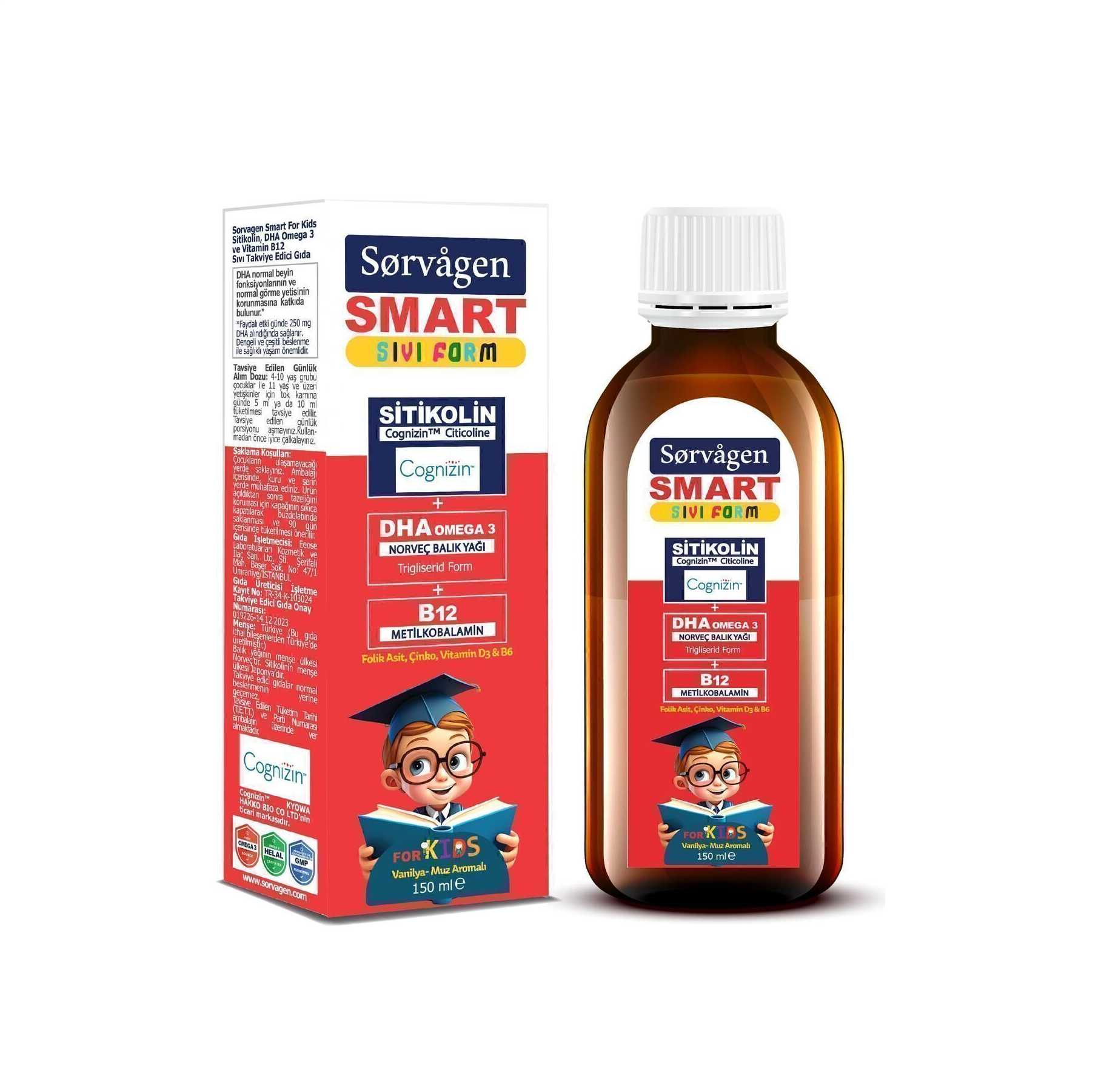Sorvagen Smart Kids Sıvı Form Sitikolin Dha Omega 3 Norveç Balık Yağı ve B12 150 ml